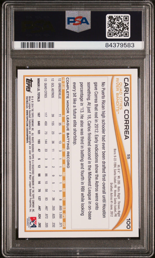 2014 TOPPS PRO DEBUT CARLOS CORREA NO NMBR ON JERSEY FRONT #100 - PSA 10 ROOKIE CARD