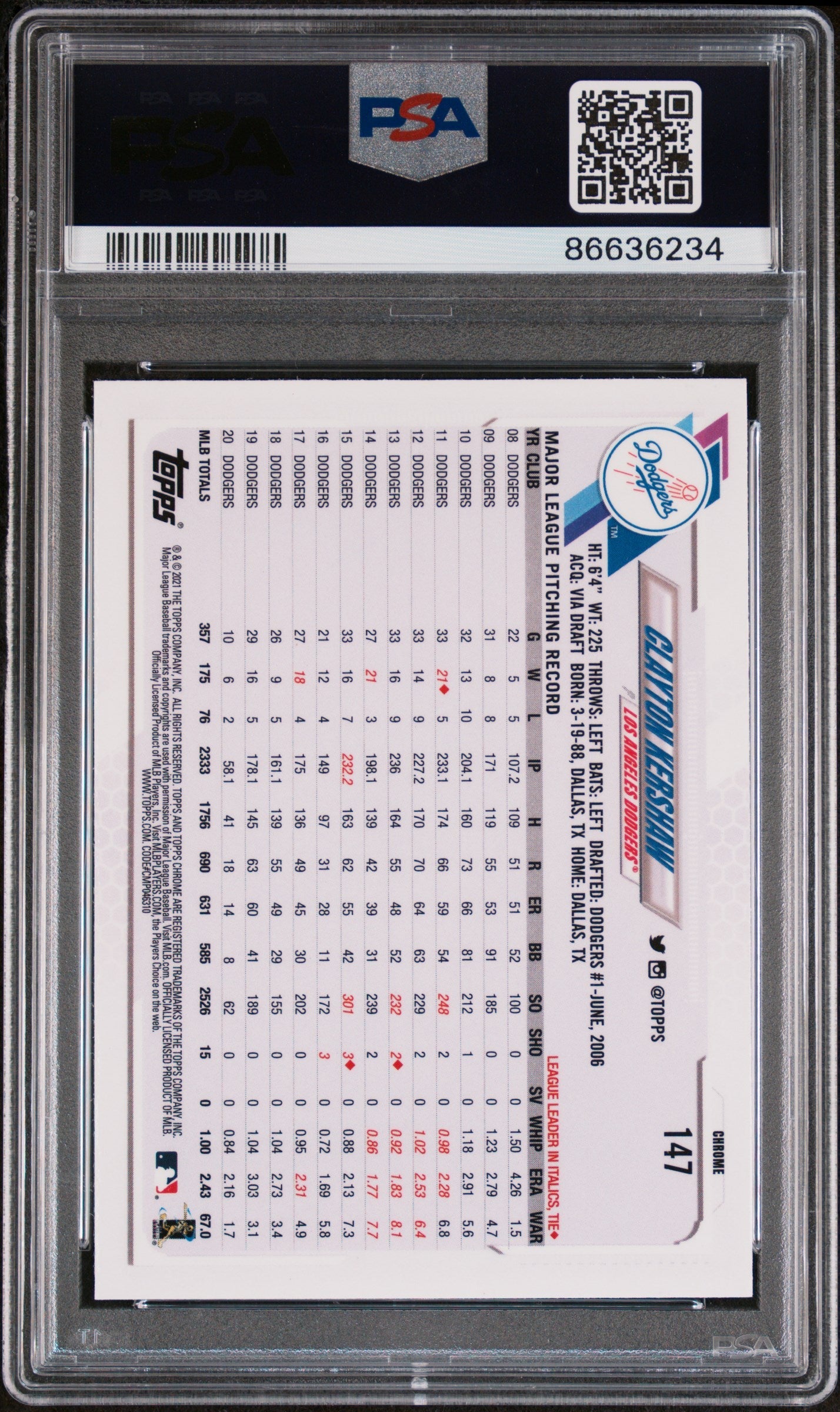 2021 TOPPS CHROME CLAYTON KERSHAW #147 - PSA 10