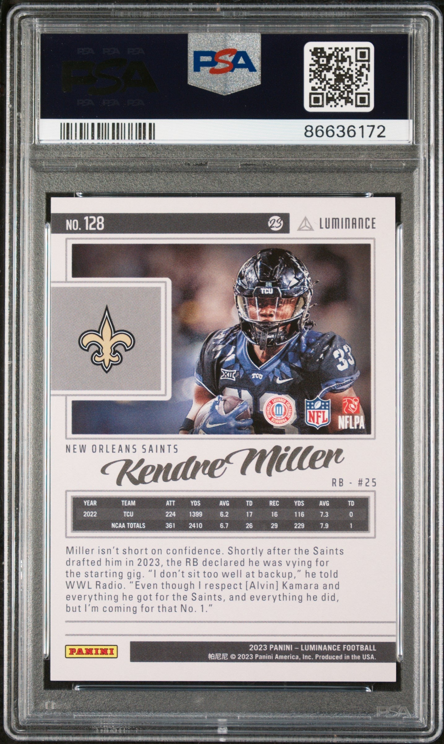 2023 PANINI LUMINANCE KENDRE MILLER PURPLE #128 - PSA 10 ROOKIE CARD