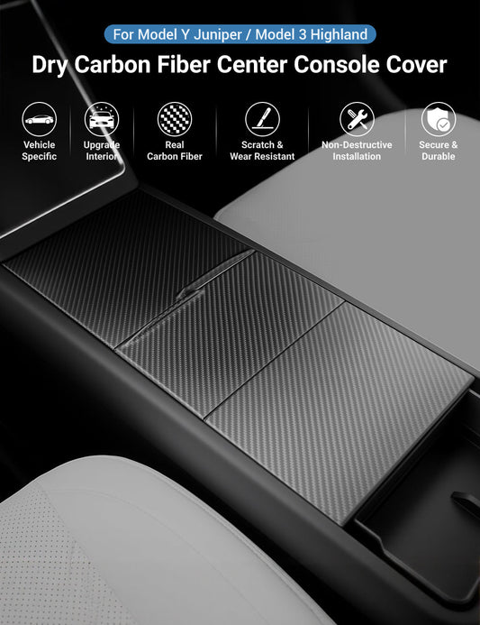 Dry Carbon Fiber Center Console Cover For Tesla Model Y Juniper / Model 3 Highland