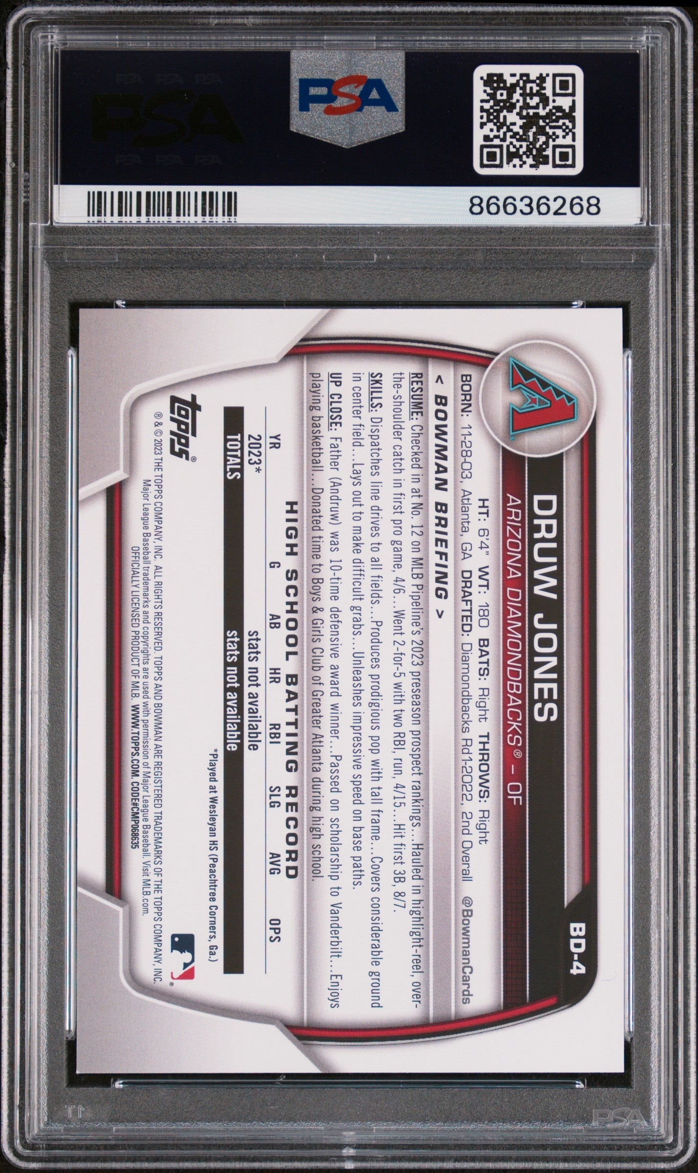 2023 BOWMAN DRAFT DRUW JONES #BD4 - PSA 10 ROOKIE CARD