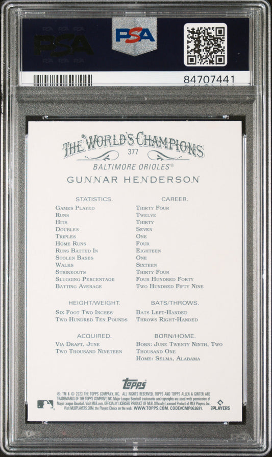 2023 TOPPS ALLEN & GINTER GUNNAR HENDERSON #377 - PSA 10
