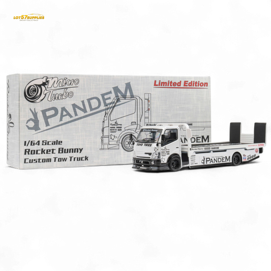 MicroTurbo HINO 300 Flat Bed Transport Truck in Pandem Rocket Bunny White 1:64