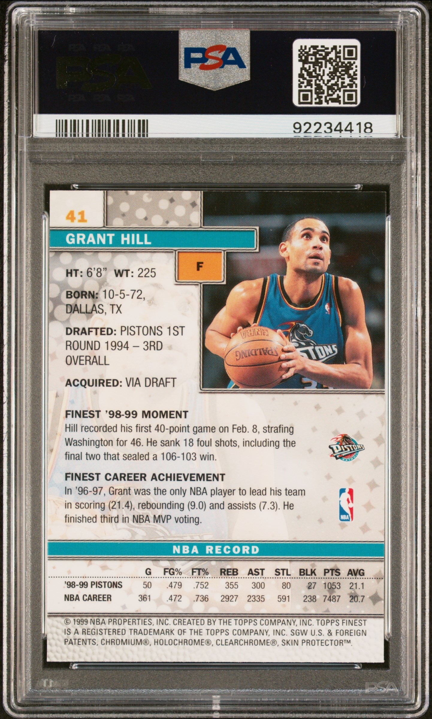 1999 FINEST GRANT HILL #41 - PSA 10