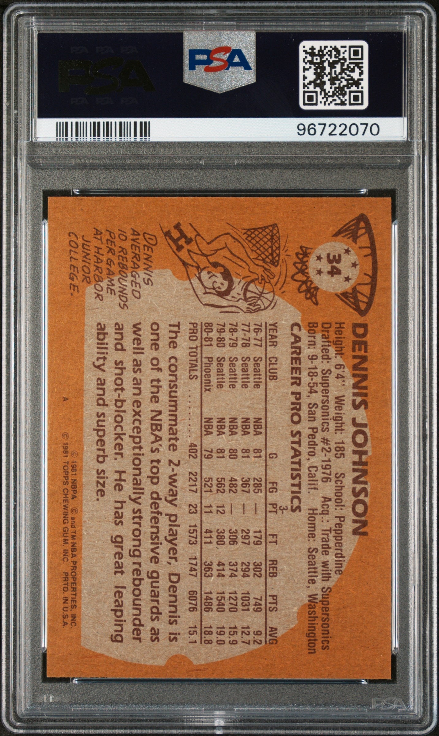 1981 TOPPS DENNIS JOHNSON #34 - PSA 9