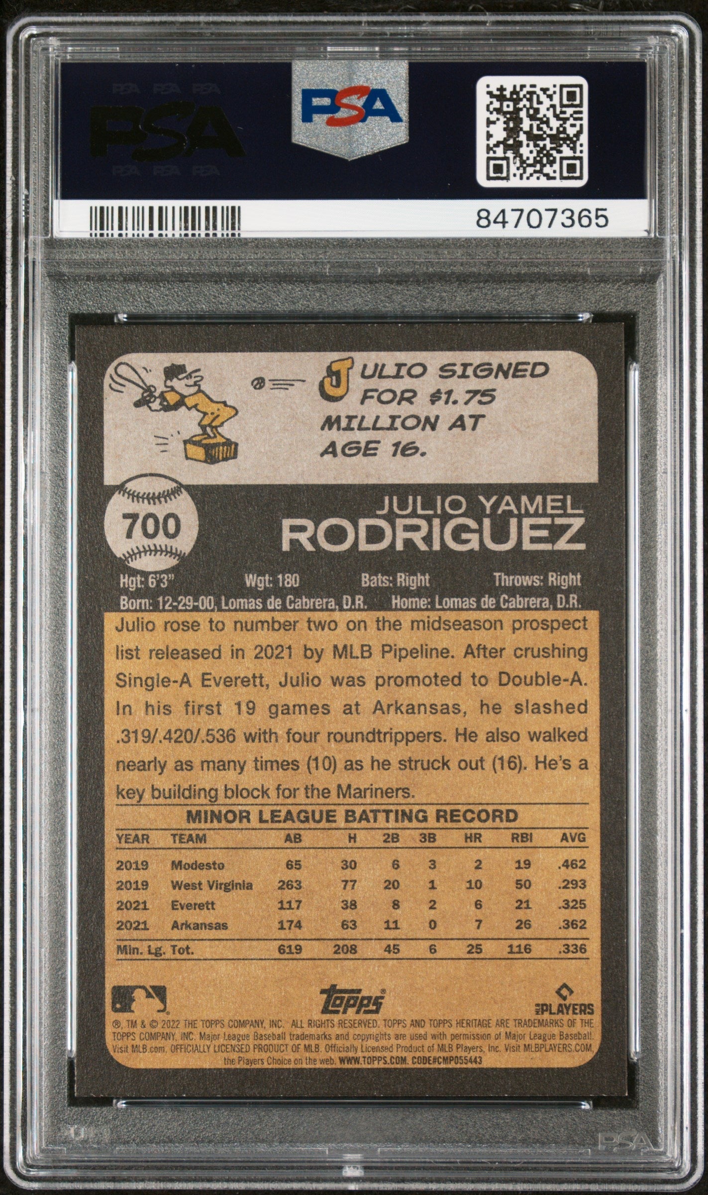 2022 TOPPS HERITAGE JULIO RODRIGUEZ #700 - PSA 10 ROOKIE CARD