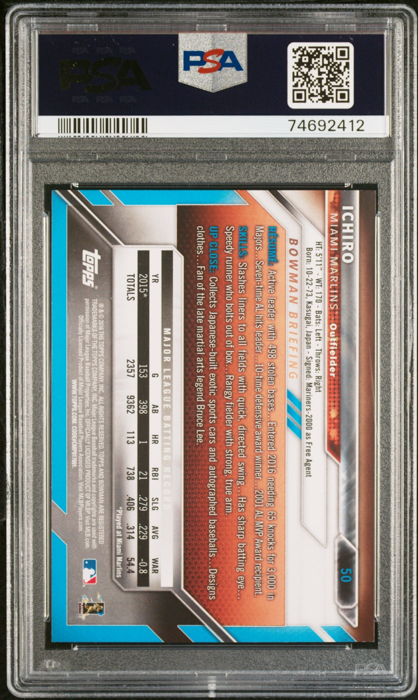2016 BOWMAN ICHIRO #50 - PSA 10