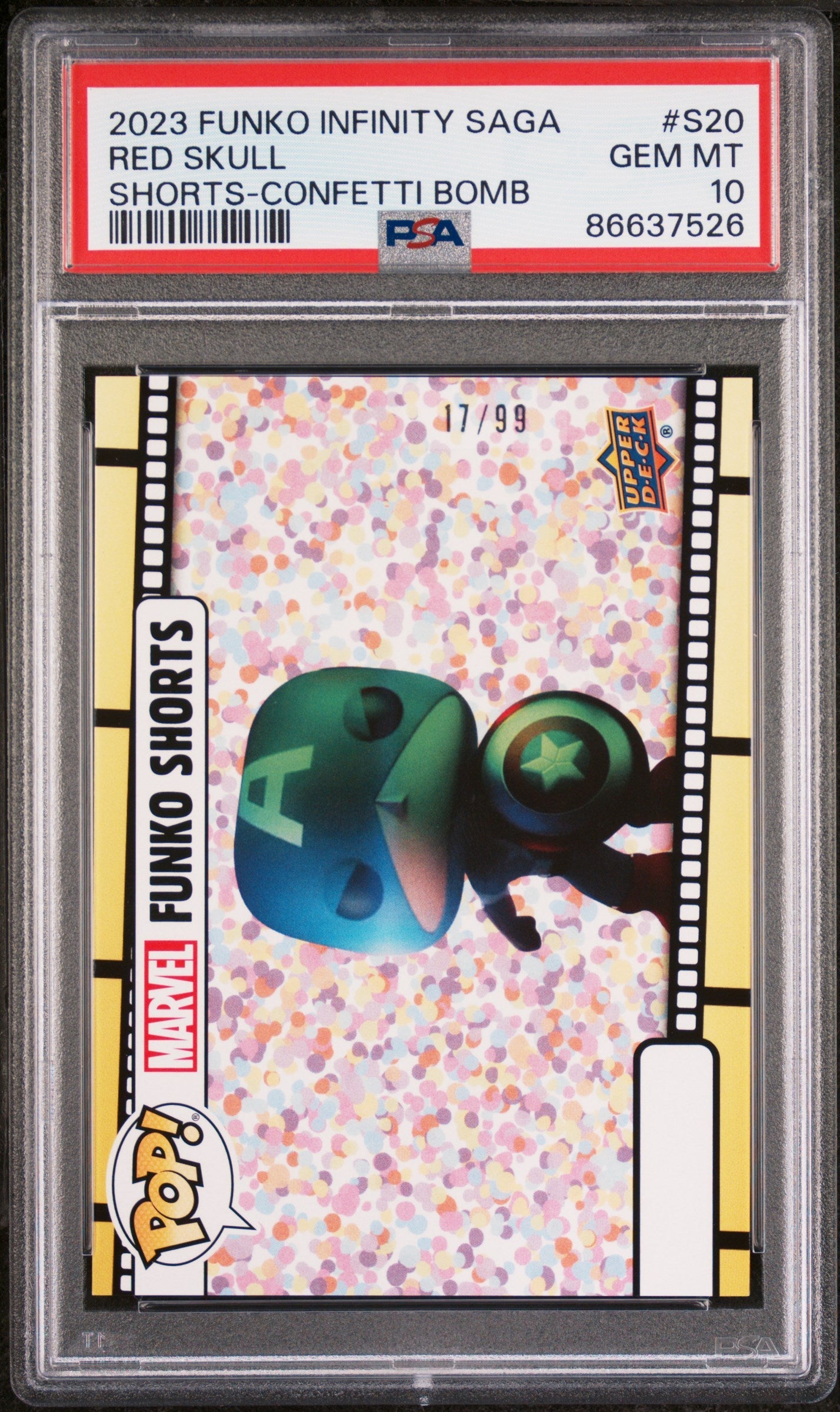 2023 UPPER DECK FUNKO POP MARVEL  SHORTS RED SKULL SHORTSCONFETTI BOMB #S20  PSA 10