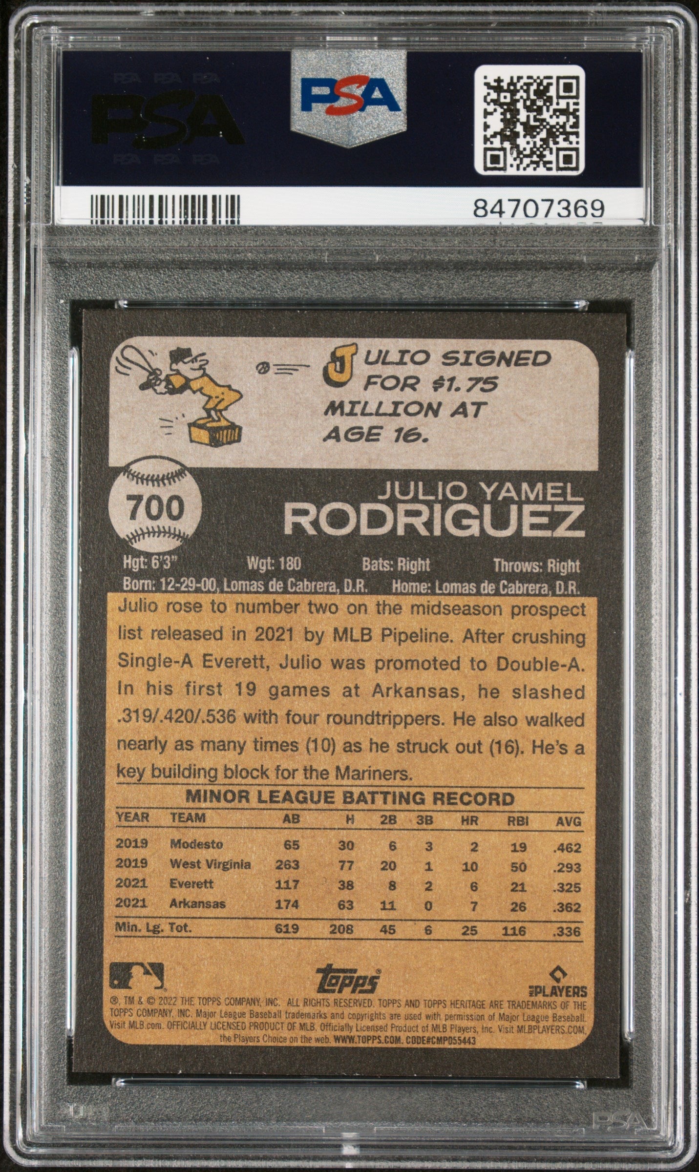 2022 TOPPS HERITAGE JULIO RODRIGUEZ  #700 - PSA 10 ROOKIE CARD
