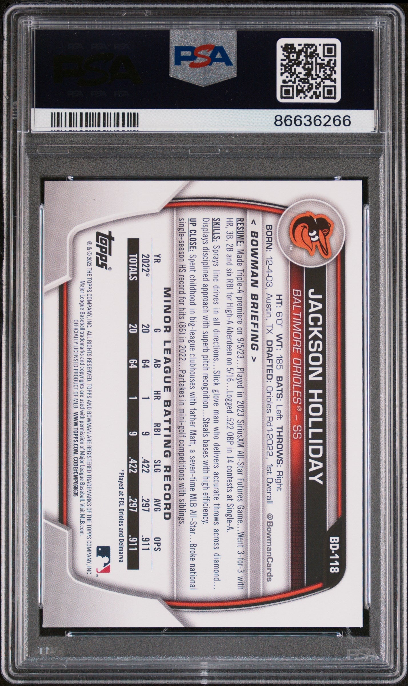2023 BOWMAN DRAFT JACKSON HOLLIDAY  #BD118 - PSA 9 ROOKIE CARD