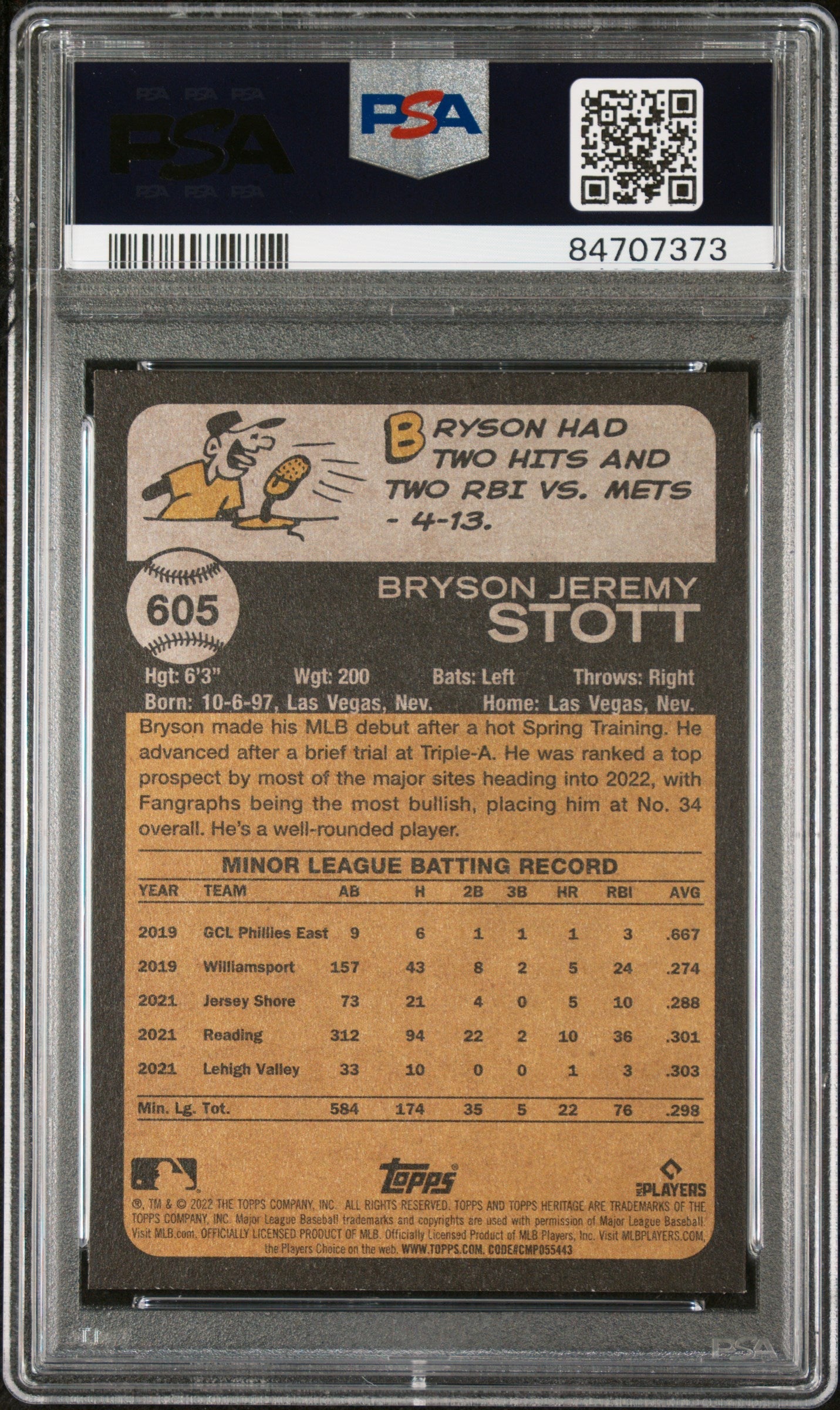 2022 TOPPS HERITAGE BRYSON STOTT  #605 - PSA 10 ROOKIE CARD