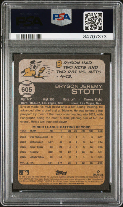2022 TOPPS HERITAGE BRYSON STOTT  #605 - PSA 10 ROOKIE CARD