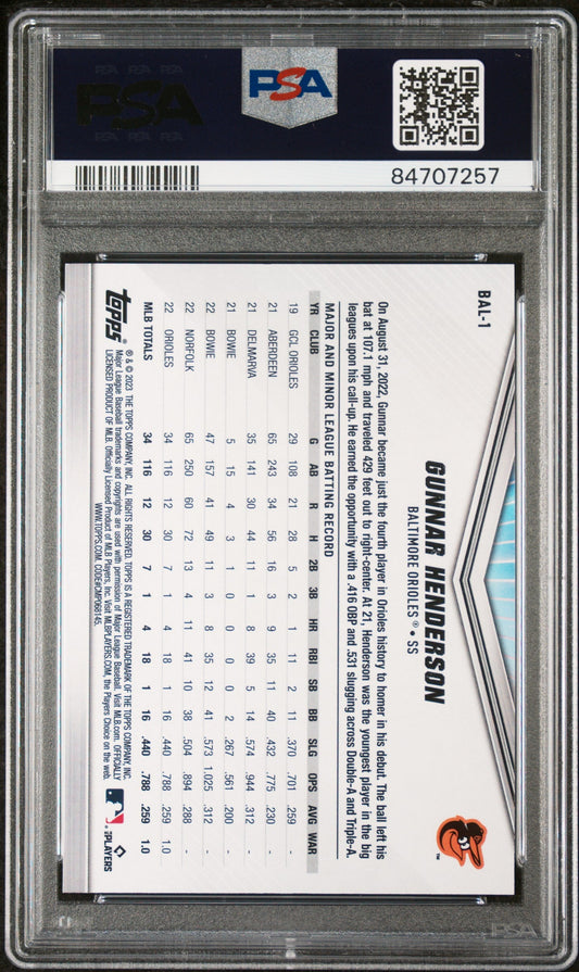 2023 TOPPS INTERNATIONAL TRADING CARD DAY BALTIMORE ORIOLES GUNNAR HENDERSON BALTIMORE ORIOLES #BAL1 - PSA 10