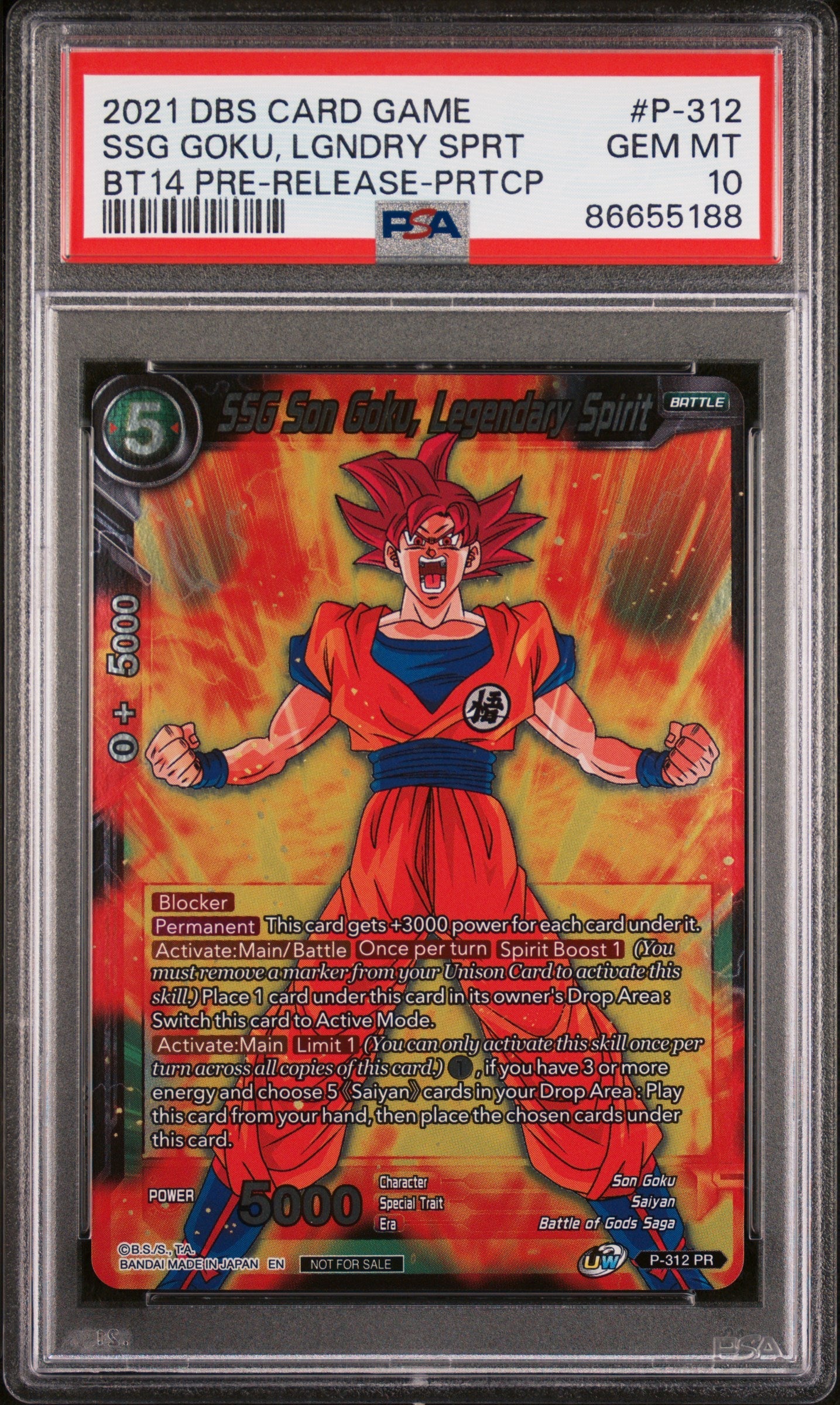 2021 DRAGON BALL SUPER CROSS SPIRITS SSG GOKU, LGNDRY SPRT #P-312 - PSA 10