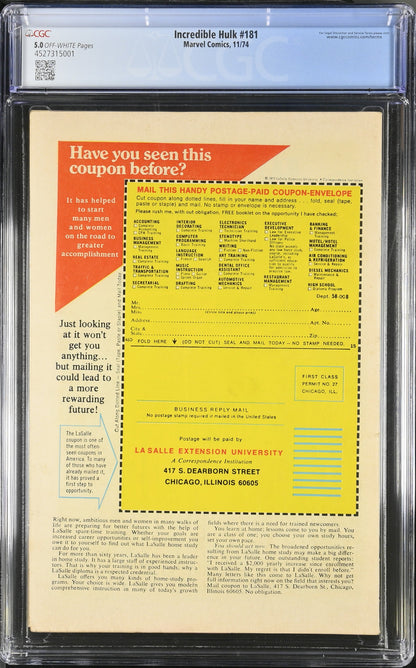 Incredible Hulk #181 (11/74) Graded CGC 5