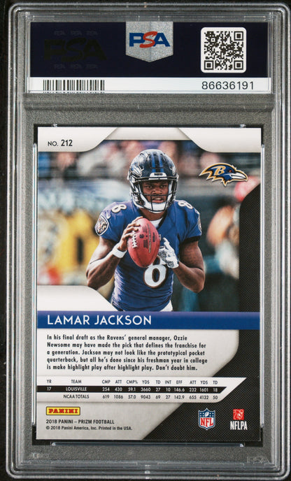 2018 PANINI PRIZM LAMAR JACKSON #212 - PSA 9 ROOKIE CARD