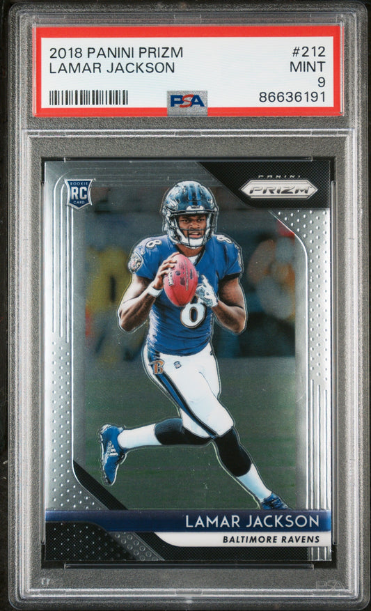 2018 PANINI PRIZM LAMAR JACKSON #212 - PSA 9 ROOKIE CARD