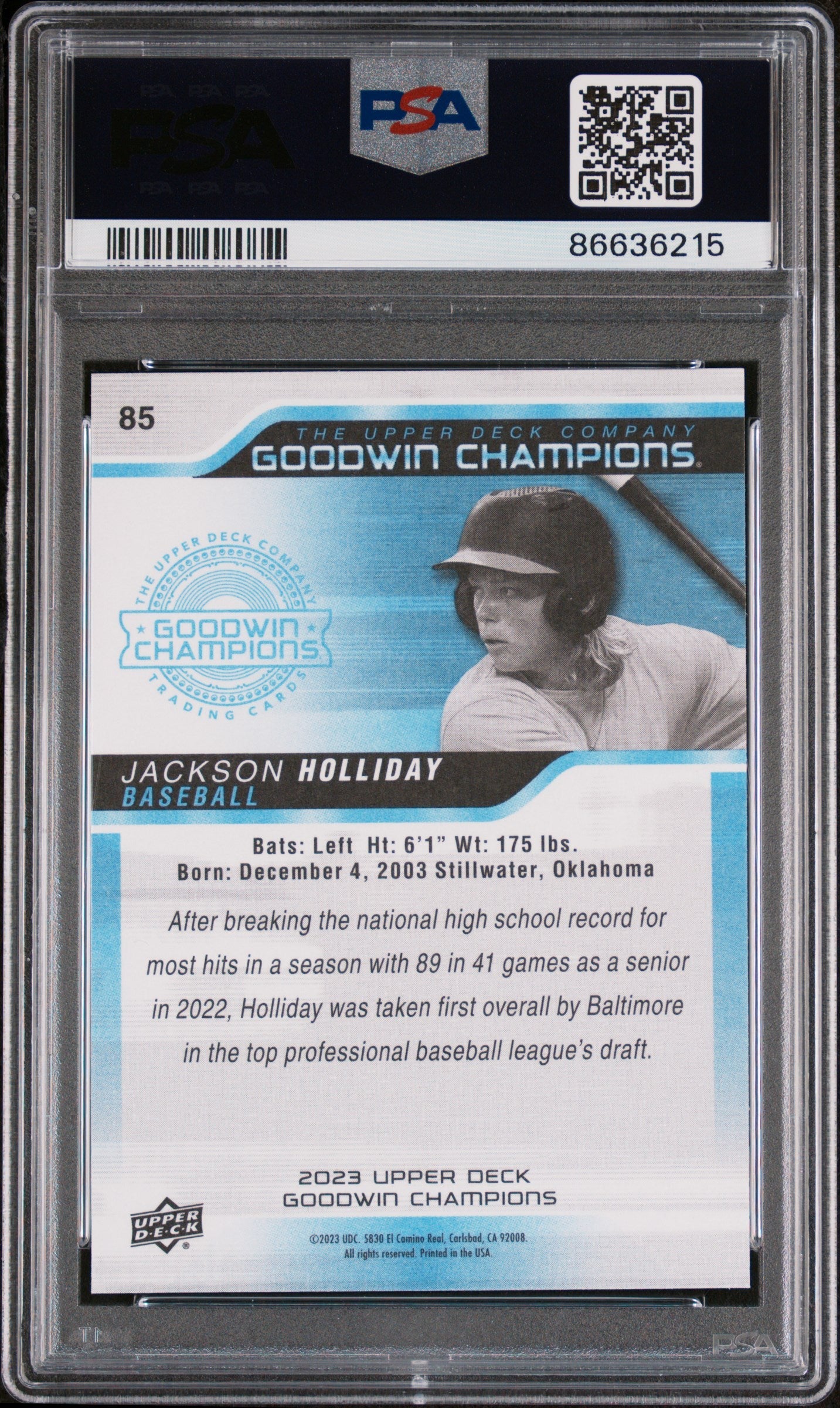 2023 UPPER DECK GOODWIN CHAMPIONS JACKSON HOLLIDAY  #85 - PSA 10