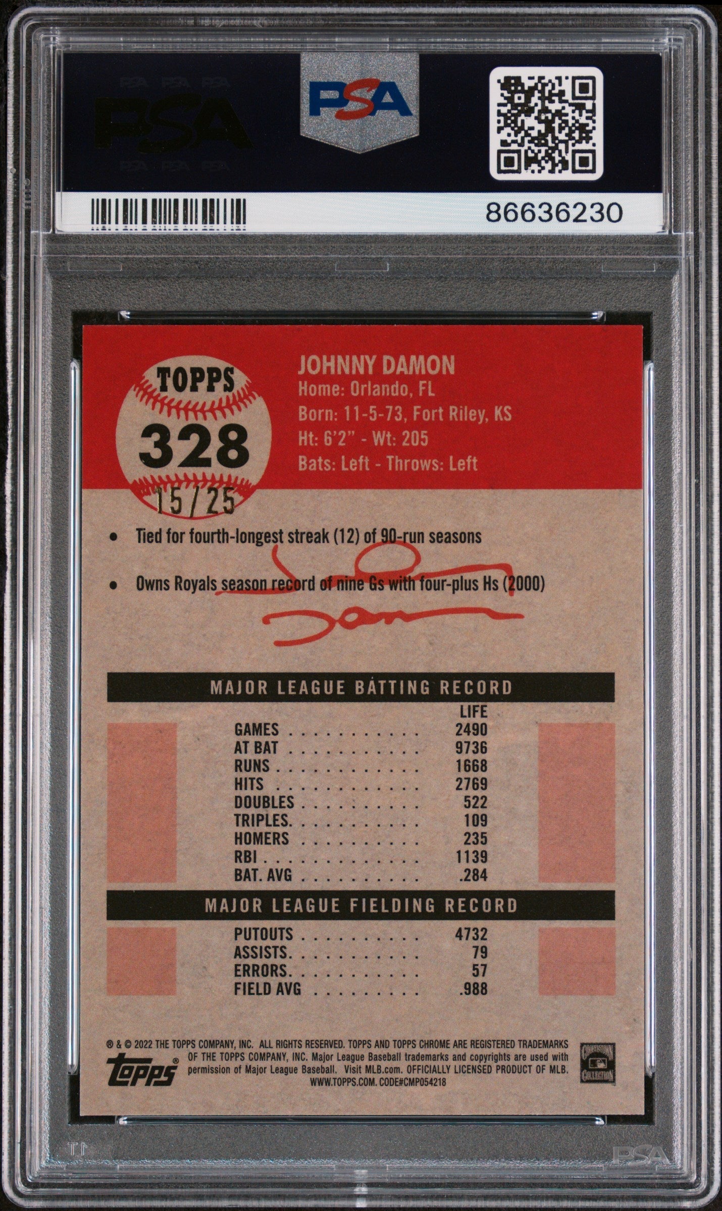 2022 TOPPS CHROME PLATINUM JOHNNY DAMON ORANGE REFRACTOR #328 - PSA 10