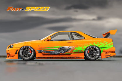 Fast Speed Nissan Skyline GT-R R34 Z-Tune HighWing Edition FNS Livery Amber Orange 1:64
