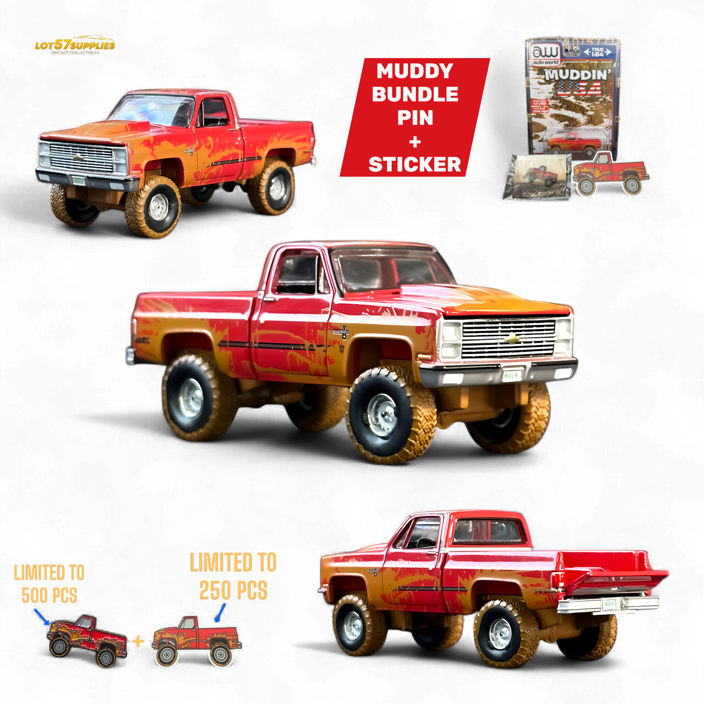 Auto World 1983 Chevrolet Silverado K10 4x4 Muddy LIFTED Squarebody 1:64 BUNDLE 1:64