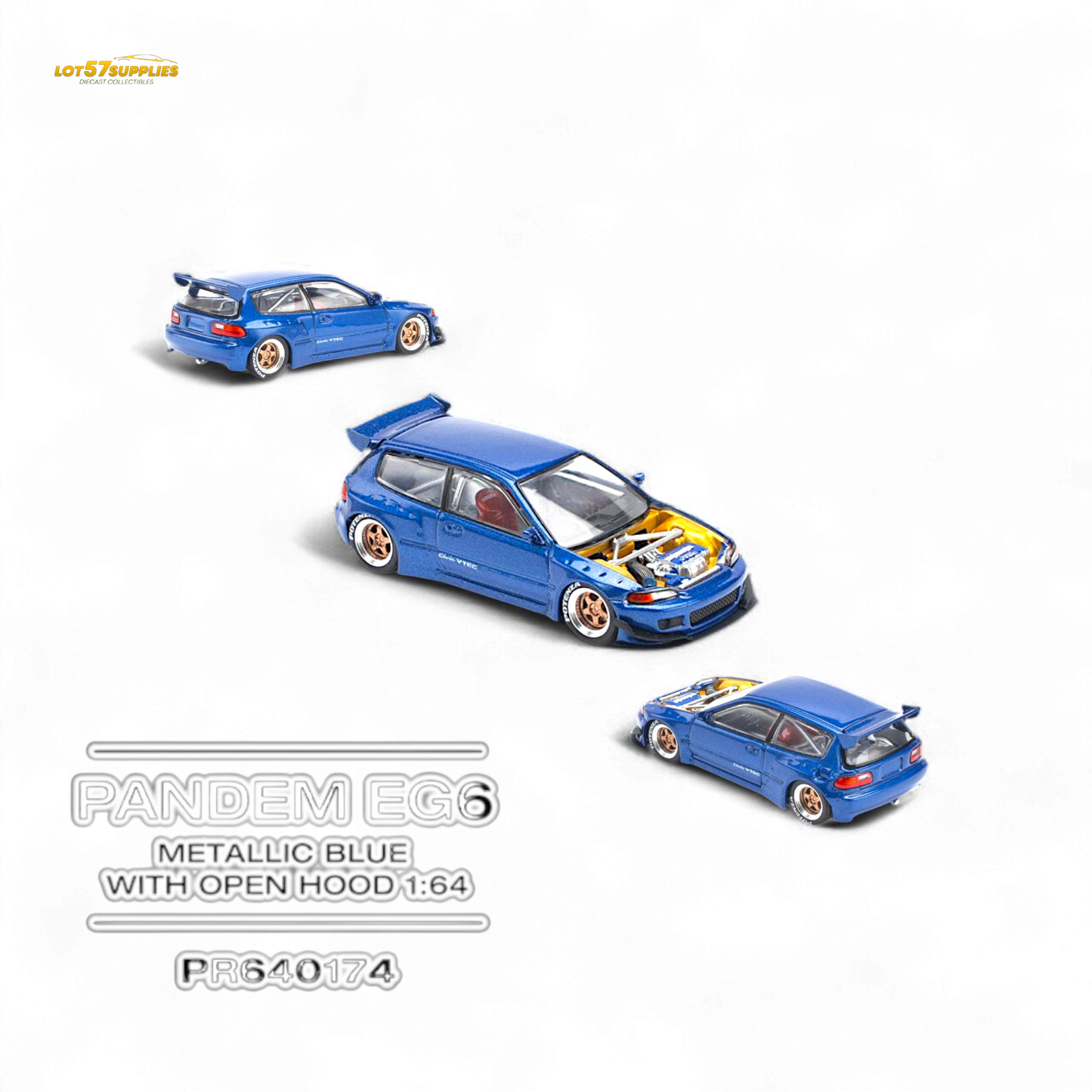 Pop Race Pandem Civic EG6 Metallic Blue w/ Openable hood 1:64