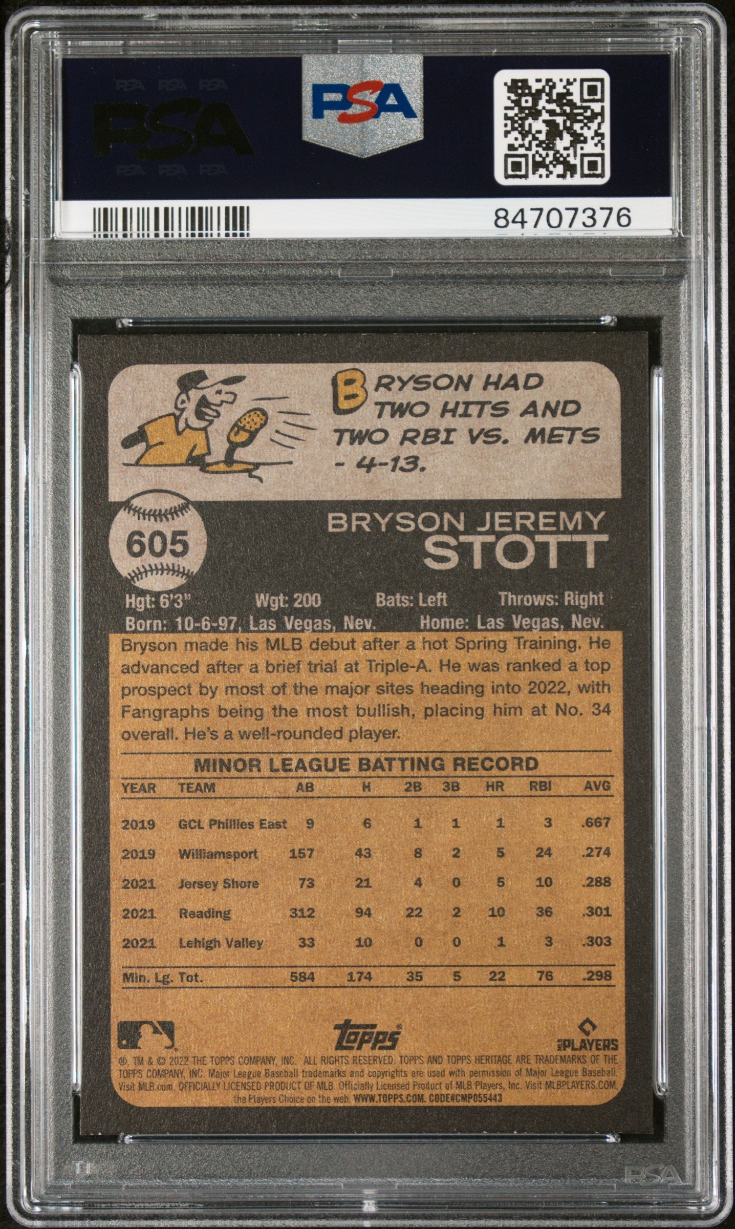 2022 TOPPS HERITAGE BRYSON STOTT  #605 - PSA 10 ROOKIE CARD