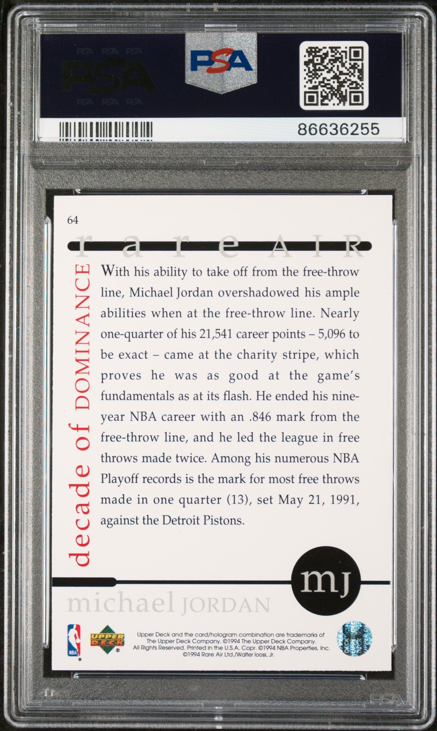 1994 UPPER DECK MJ RARE AIR MICHAEL JORDAN RARE AIR #64 - PSA 9