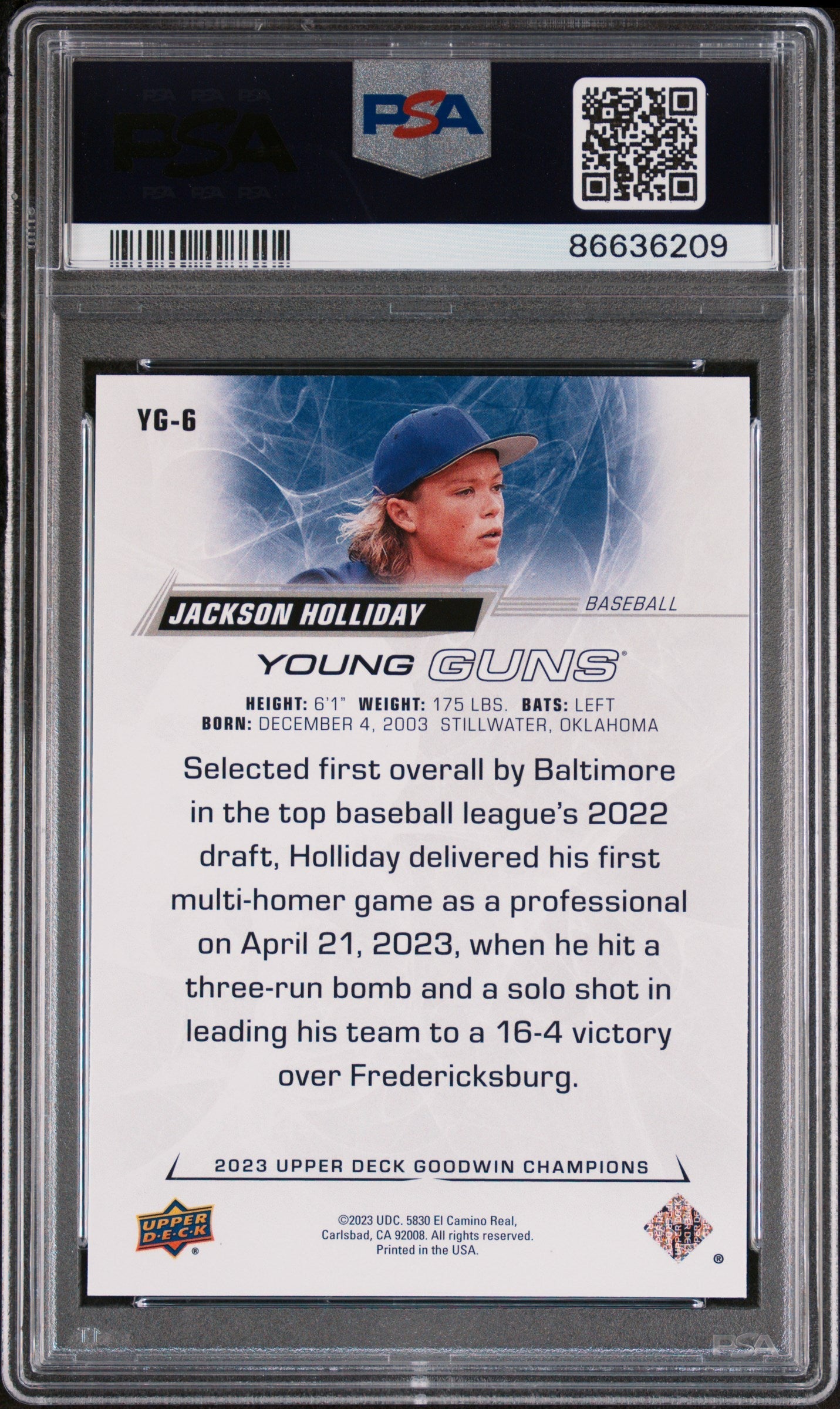 2023 UPPER DECK GOODWIN CHAMPIONS UPPER DECK YOUNG GUNS JACKSON HOLLIDAY  #YG6 - PSA 10
