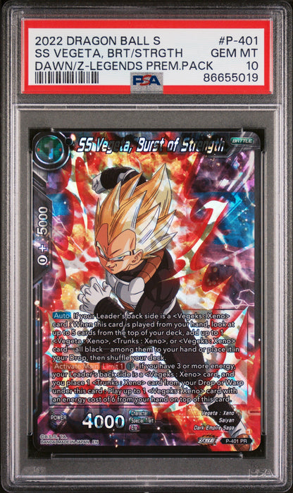 2022 DRAGON BALL SUPER DAWN OF THE Z-LEGENDS SS VEGETA, BRS/STRGTH #P-401 PSA 10