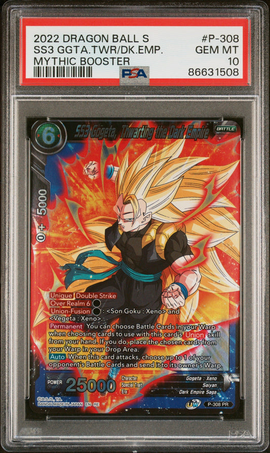 2022 DRAGON BALL SUPER MYTHIC BOOSTER SS3 GOGETA, THWRT/EMP #P-308 - PSA 10