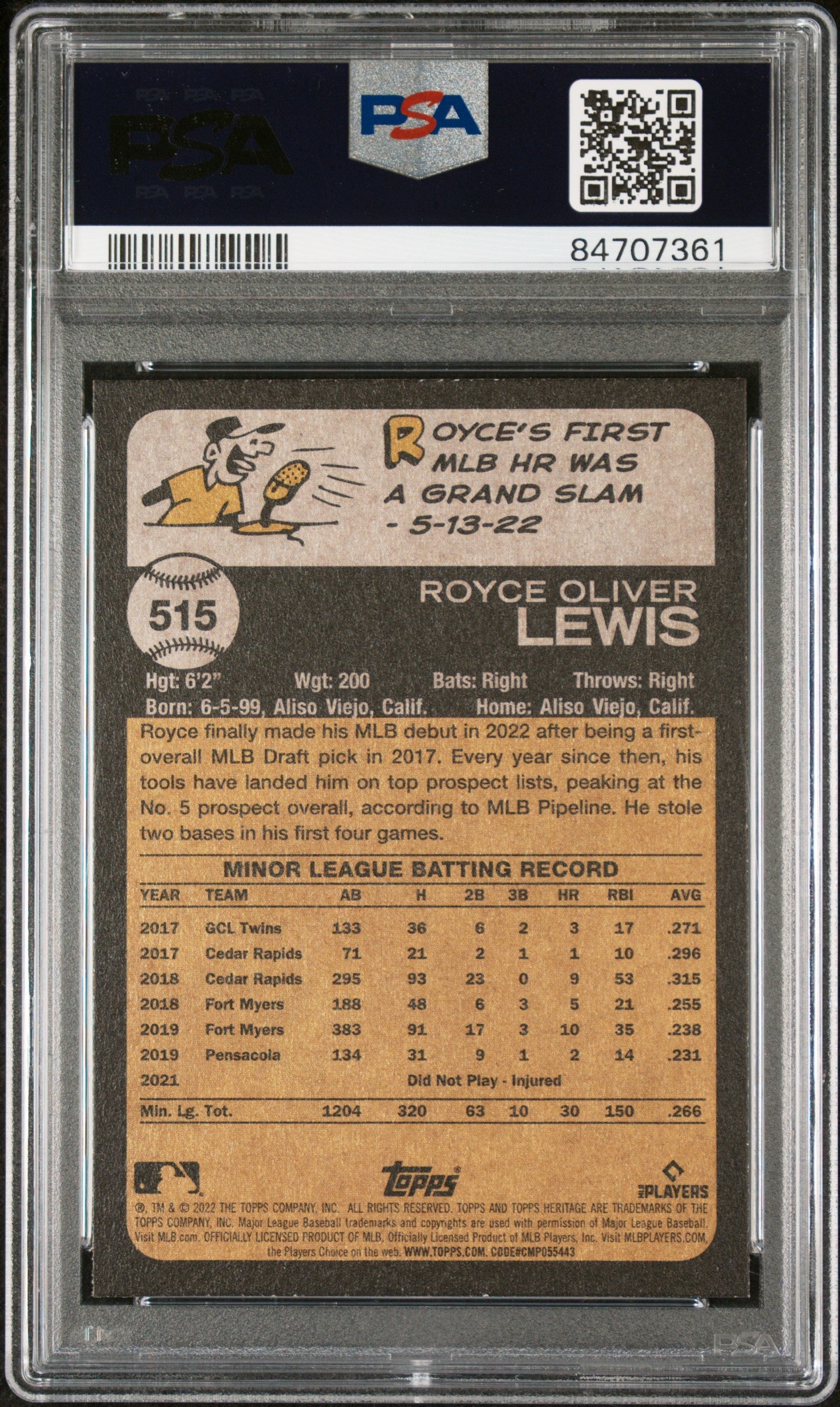 2022 TOPPS HERITAGE ROYCE LEWIS  #515 - PSA 10 ROOKIE CARD