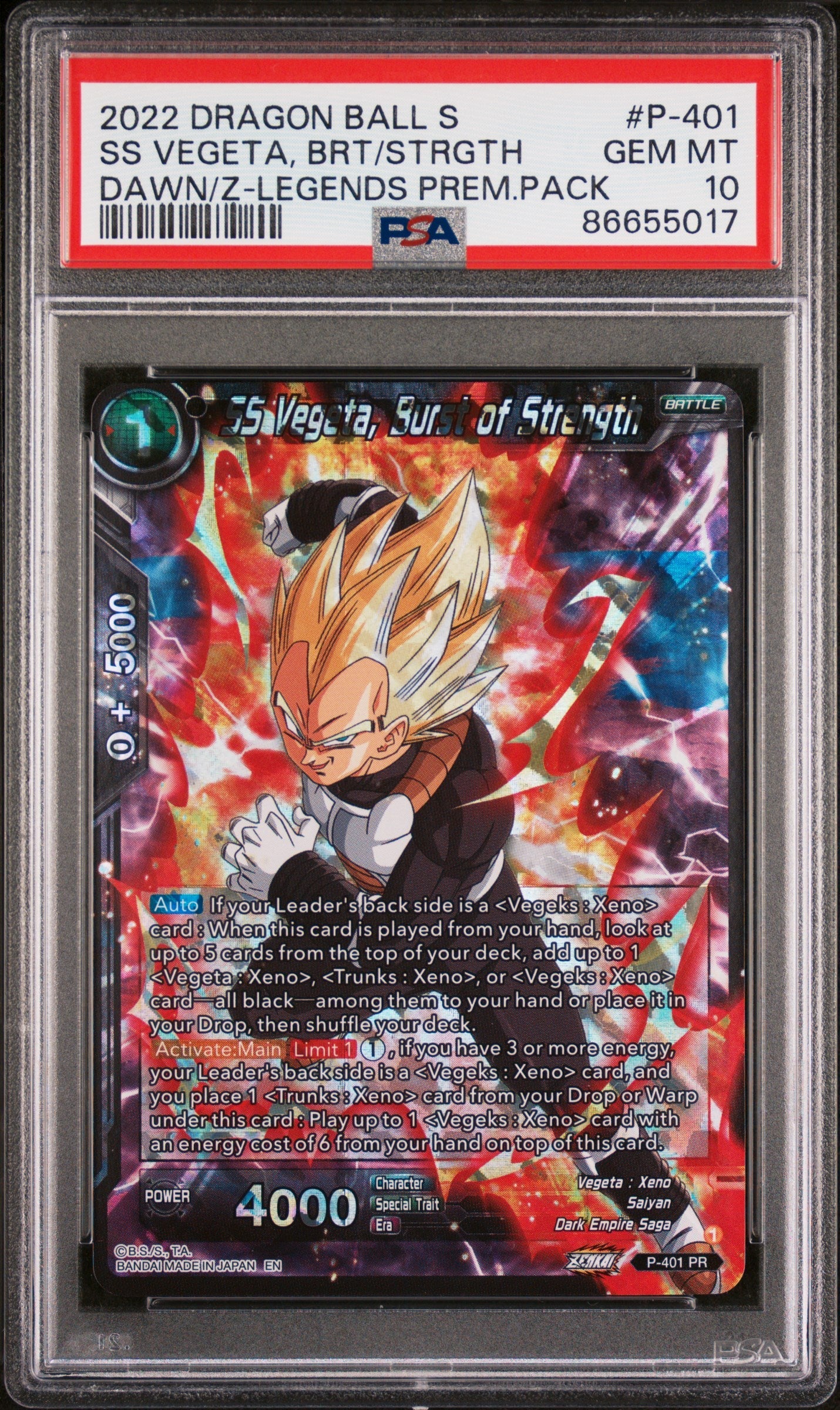 2022 DRAGON BALL SUPER DAWN OF THE Z-LEGENDS SS VEGETA, BRS/STRGTH #P-401 PSA 10