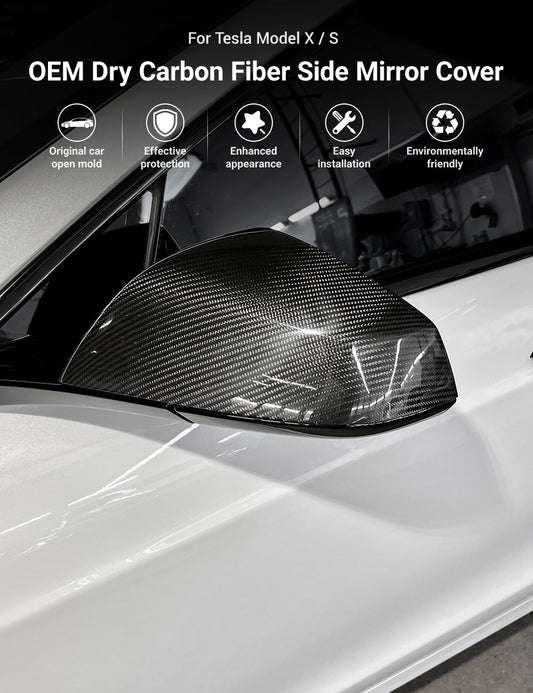 Side Mirror Cover OEM Style for Tesla Model X / S - Dry Carbon Fiber Exterior Mods