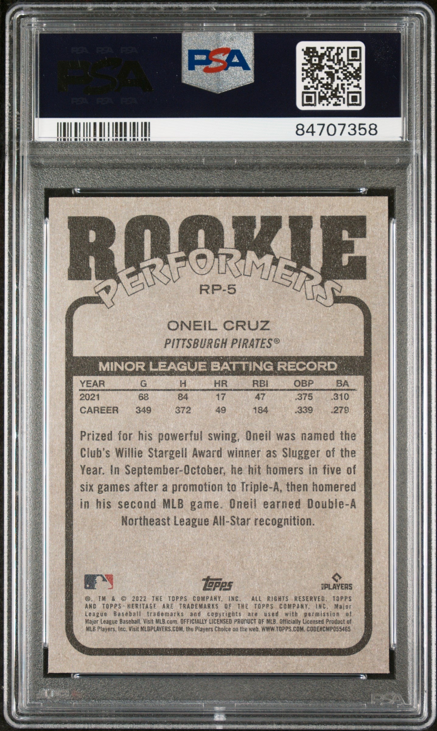 2022 TOPPS HERITAGE HIGH NUMBER ROOKIE PERFORMERS ONEIL CRUZ #RP5 - PSA 10