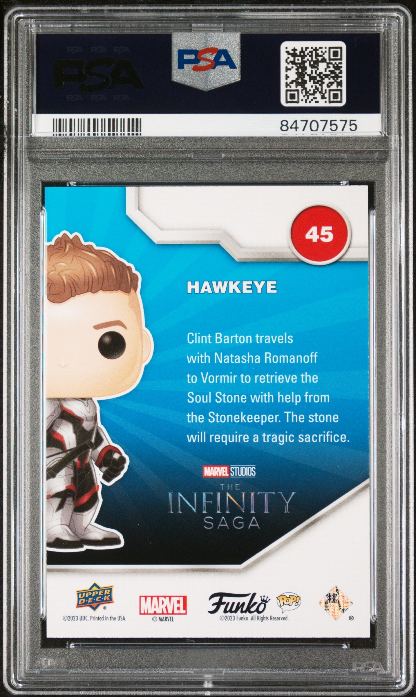 2023 UPPER DECK FUNKO POP MARVEL  HAWKEYE PATINA #45  PSA 10