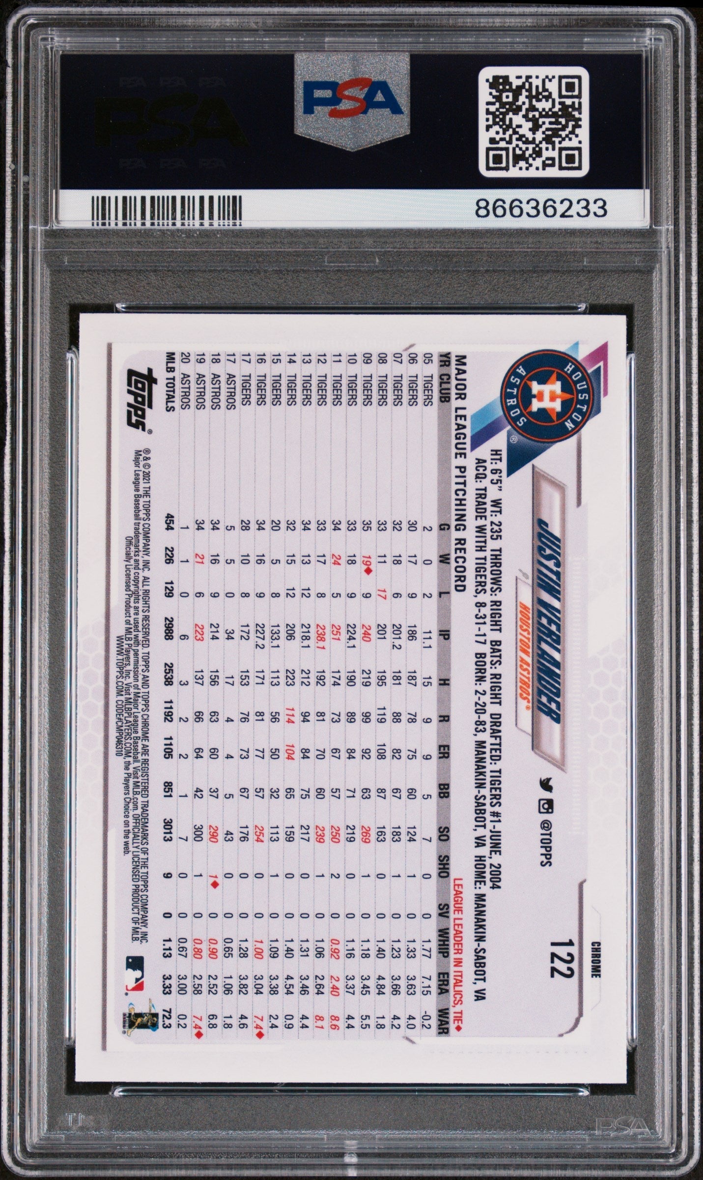 2021 TOPPS CHROME JUSTIN VERLANDER #122 - PSA 10