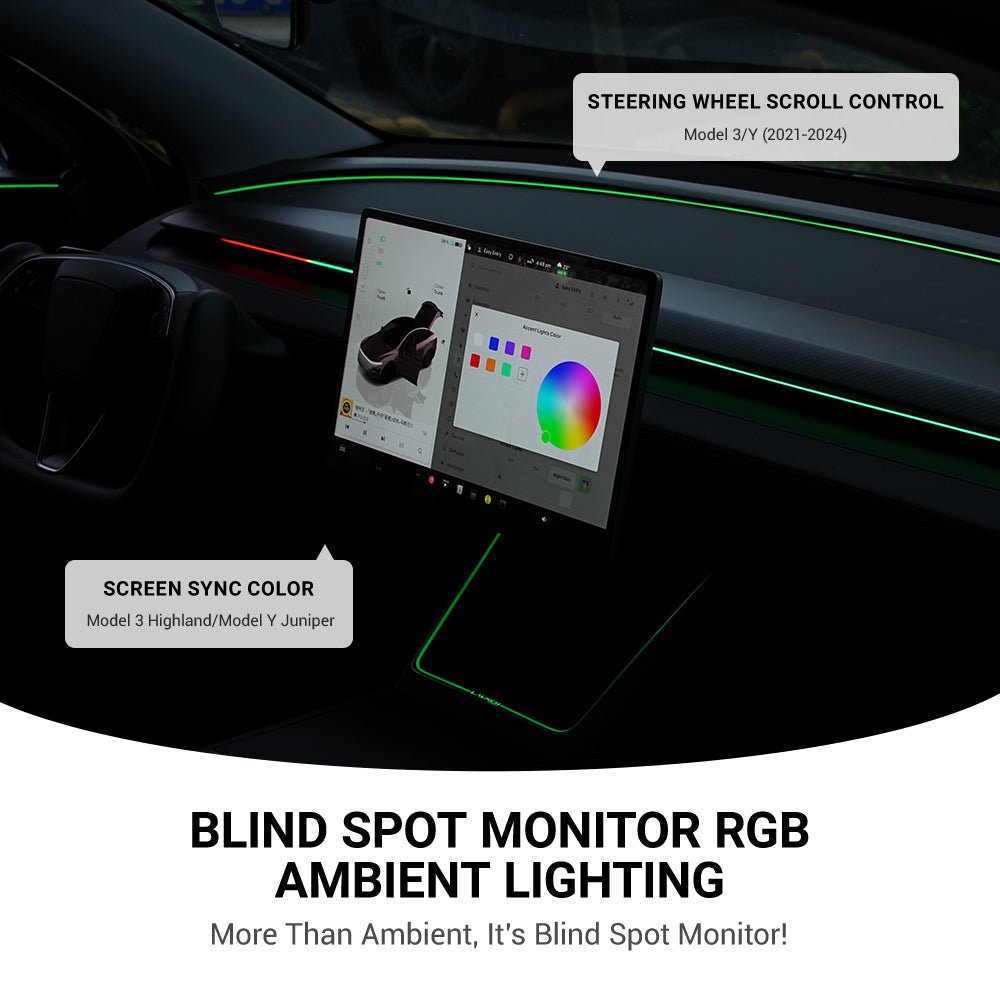 BSD Blind Spot Monitor RGB Ambient Lighting for Model 3/Y | OEM Screen Control