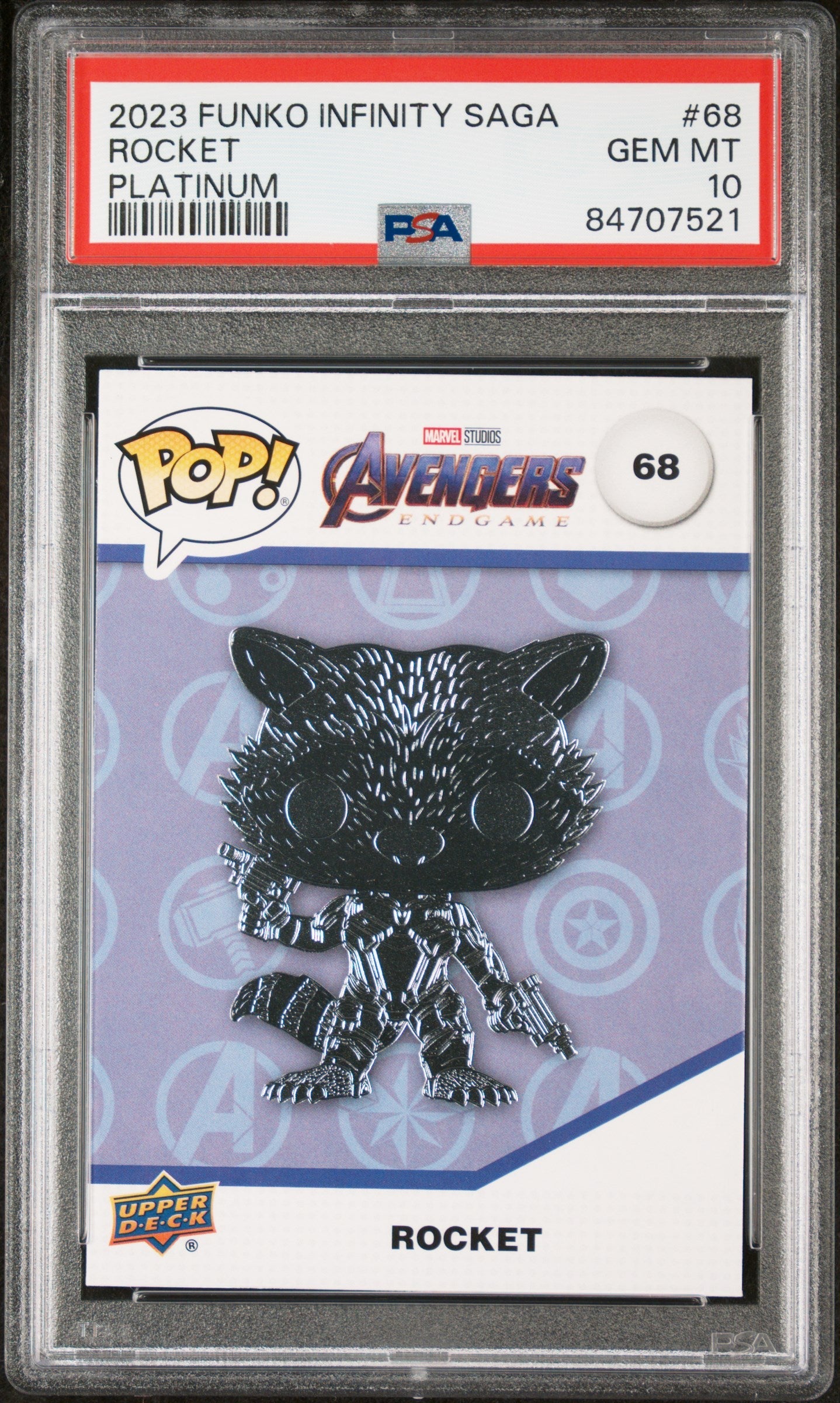 2023 UPPER DECK FUNKO POP MARVEL  ROCKET PLATINUM #68  PSA 10