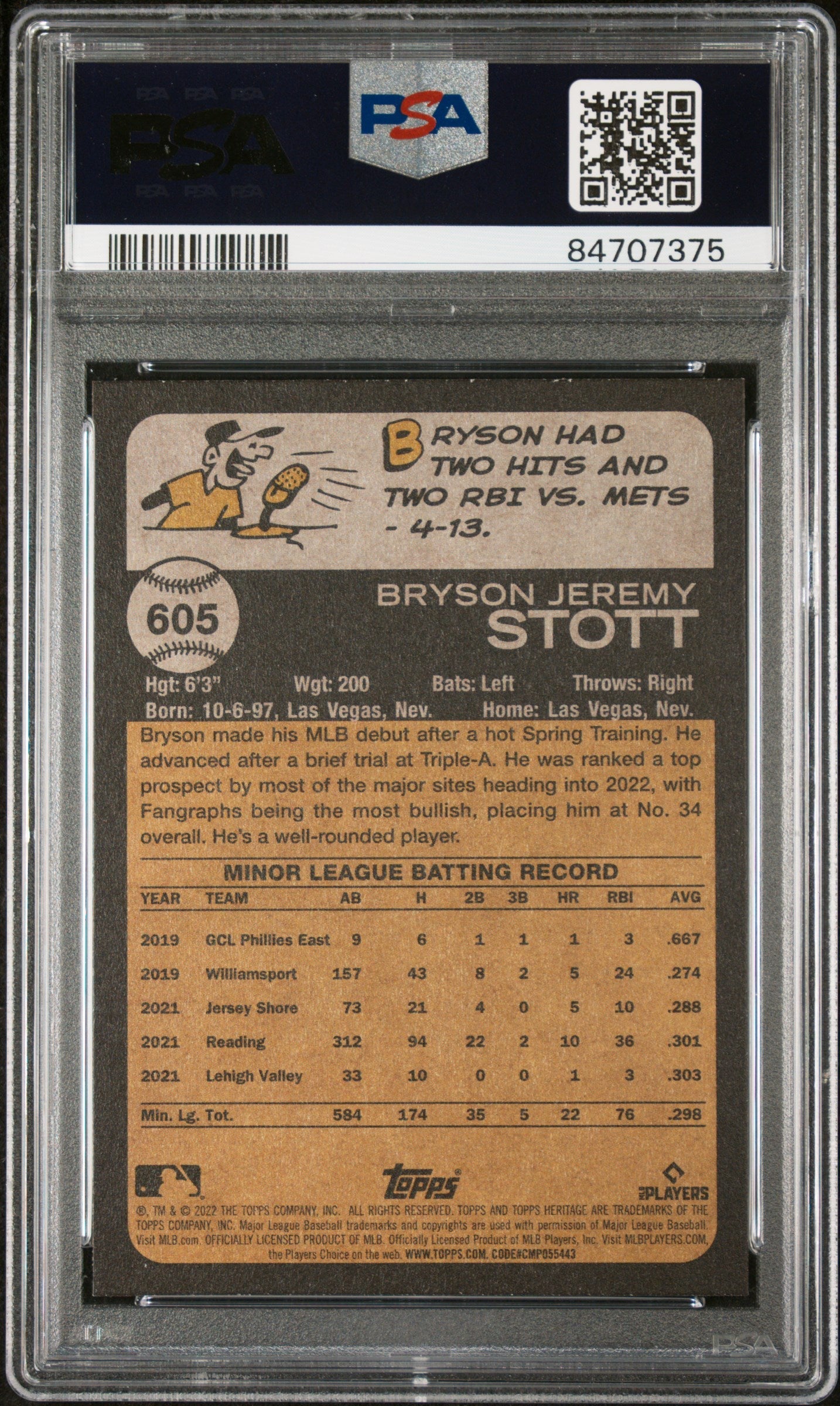 2022 TOPPS HERITAGE BRYSON STOTT  #605 - PSA 10 ROOKIE CARD