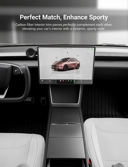 Dry Carbon Fiber Center Console Cover For Tesla Model Y Juniper / Model 3 Highland