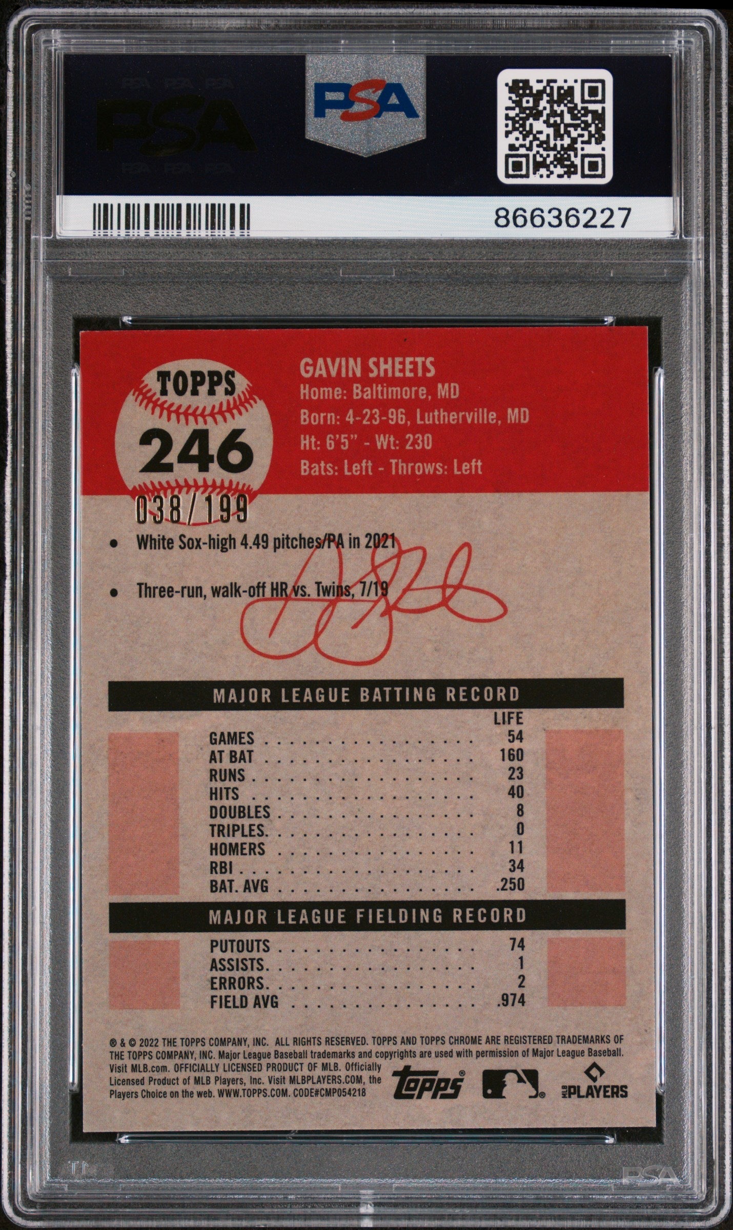 2022 TOPPS CHROME PLATINUM GAVIN SHEETS PLATINUM TOILE #246 PSA 10