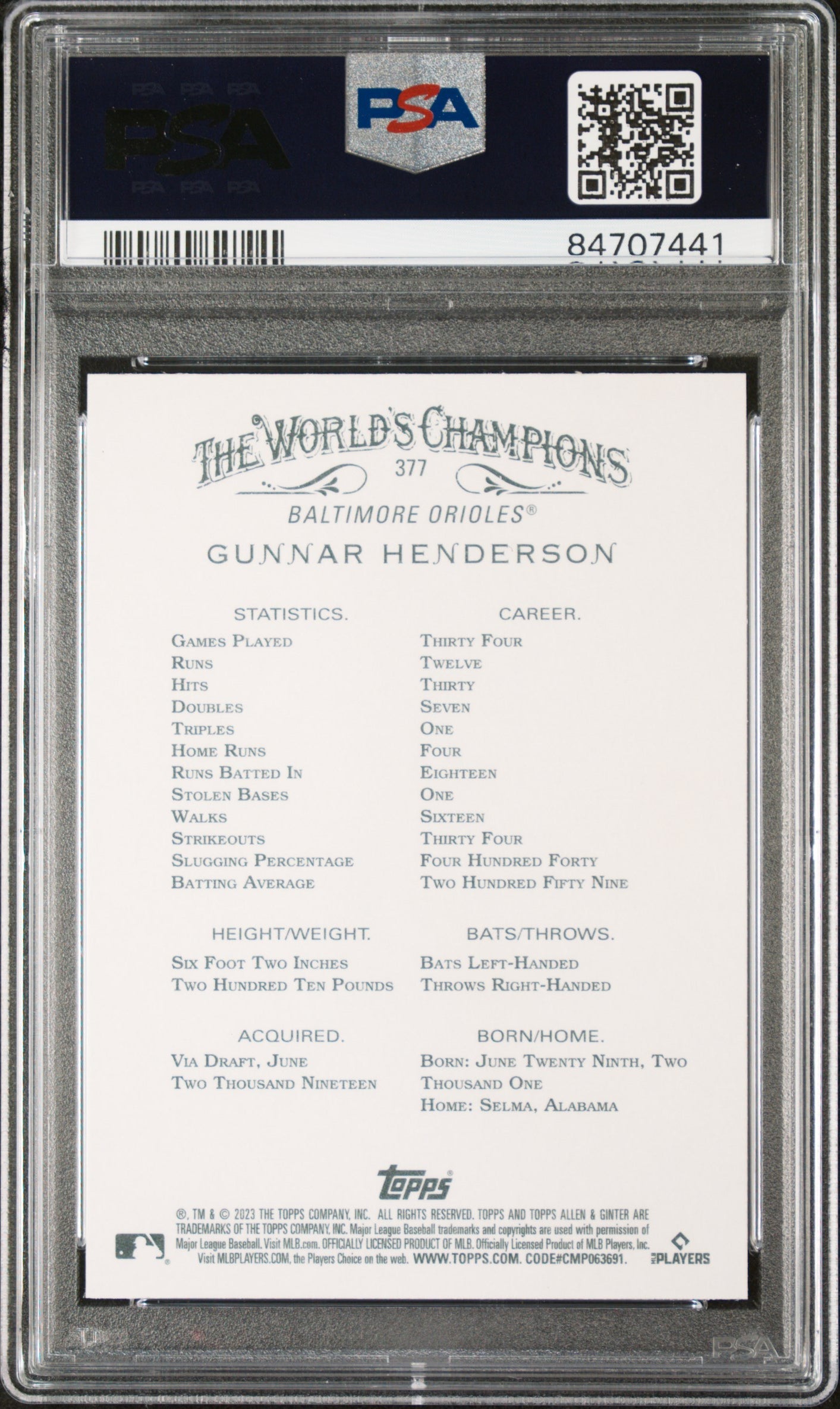 2023 TOPPS ALLEN & GINTER GUNNAR HENDERSON  #377 - PSA 10