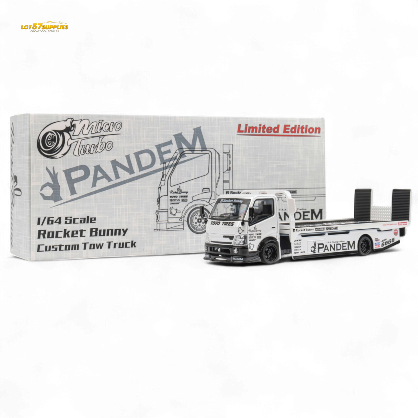 MicroTurbo HINO 300 Flat Bed Transport Truck in Pandem Rocket Bunny White 1:64