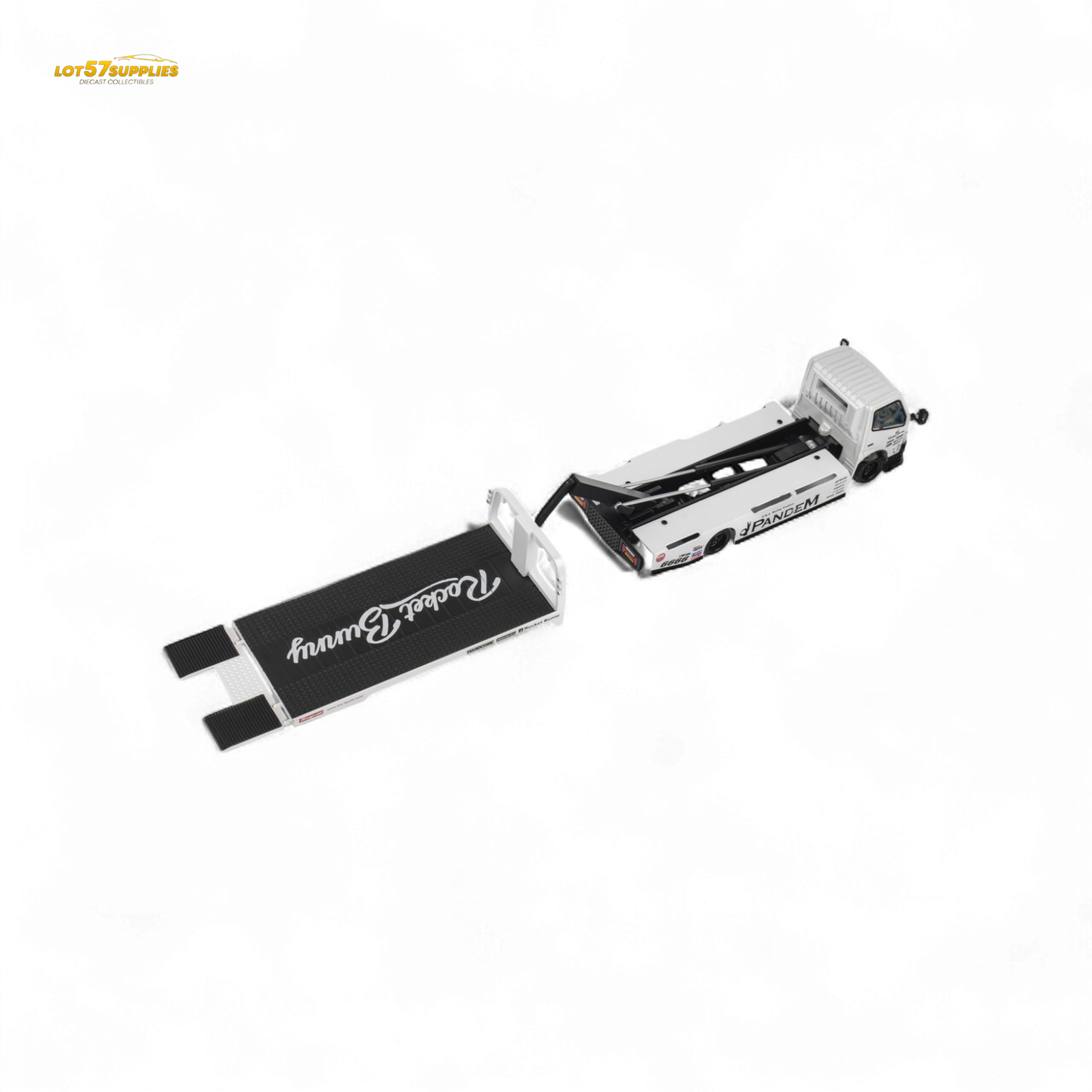 MicroTurbo HINO 300 Flat Bed Transport Truck in Pandem Rocket Bunny White 1:64