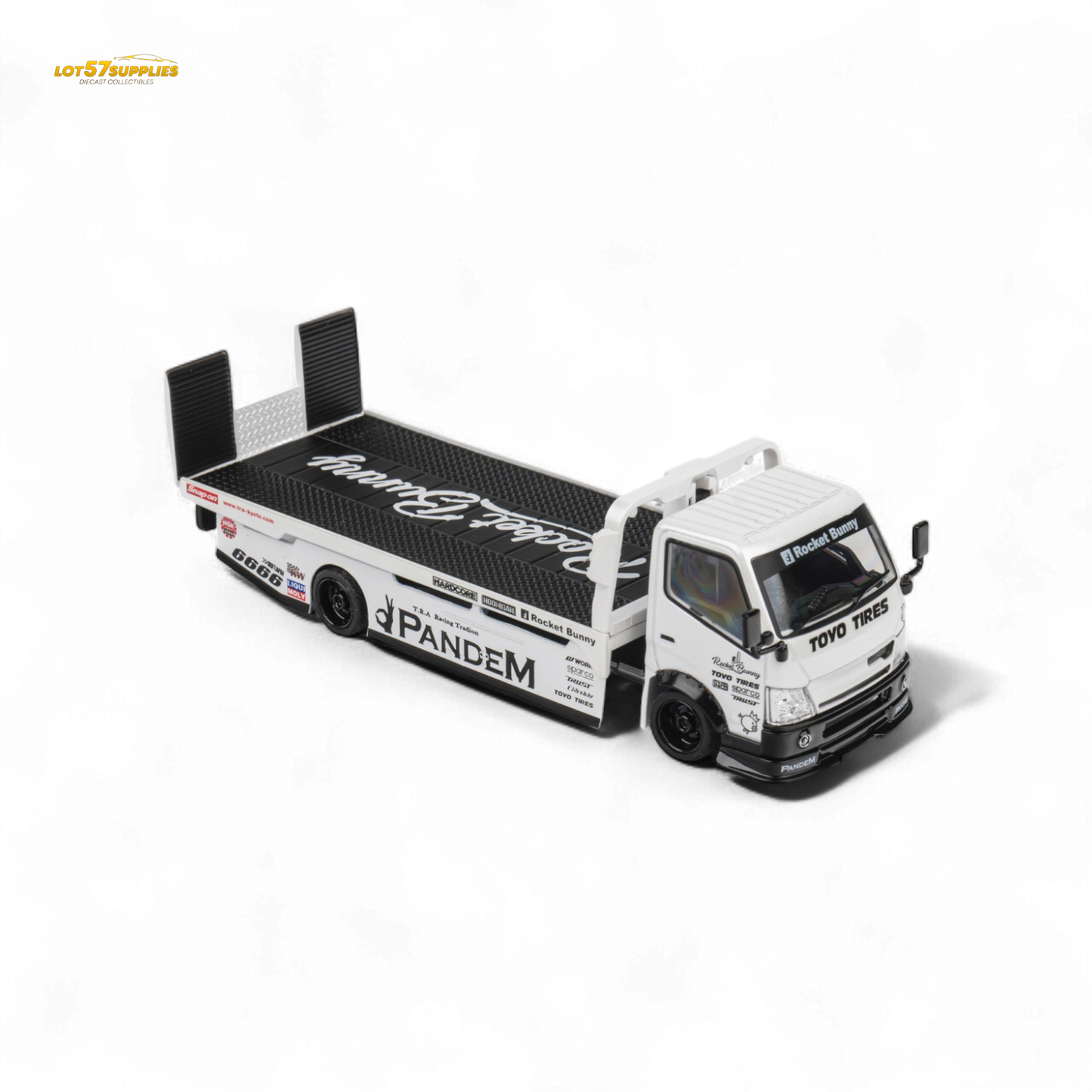 MicroTurbo HINO 300 Flat Bed Transport Truck in Pandem Rocket Bunny White 1:64