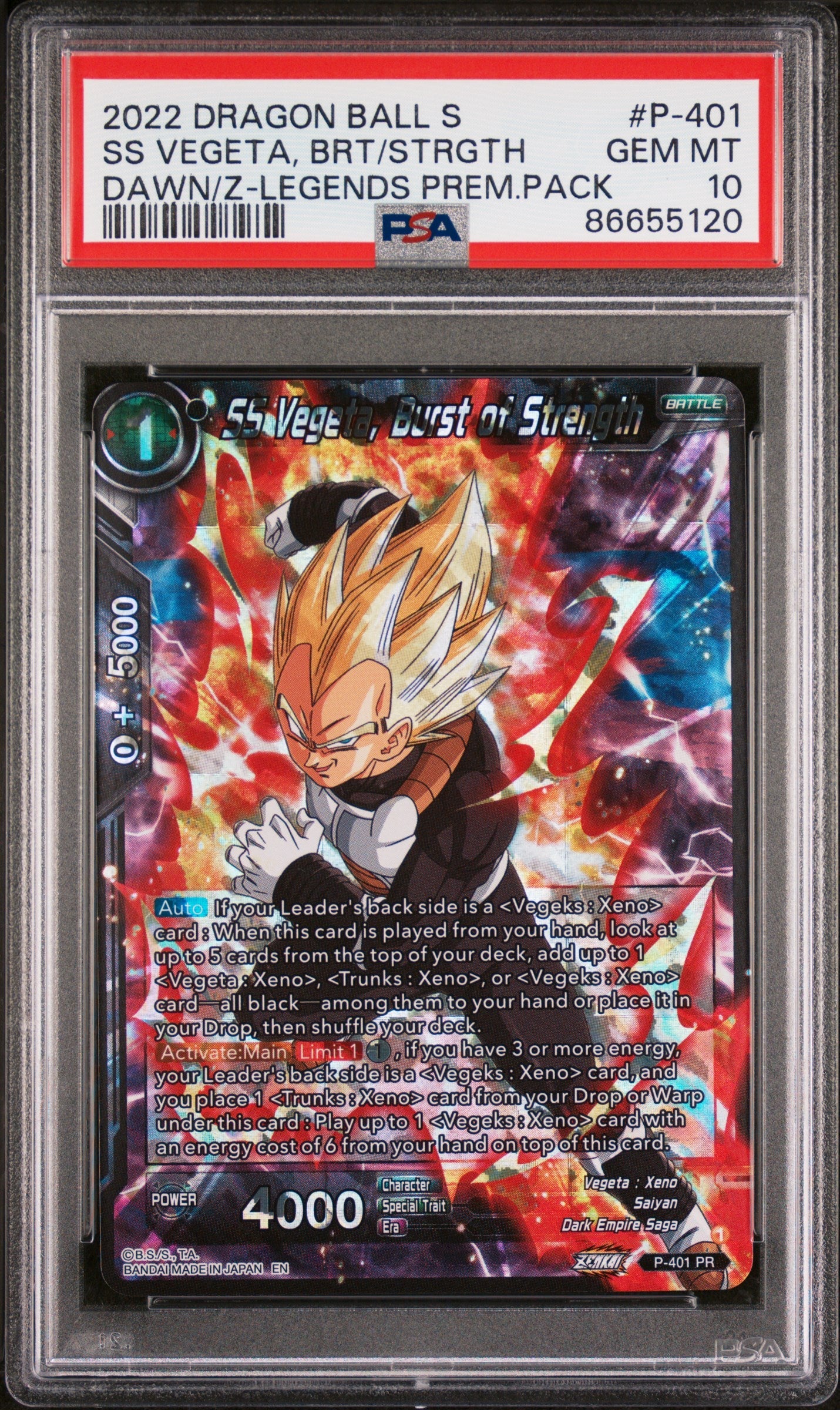 2022 DRAGON BALL SUPER DAWN OF THE Z-LEGENDS SS VEGETA, BRS/STRGTH #P-401 PSA 10