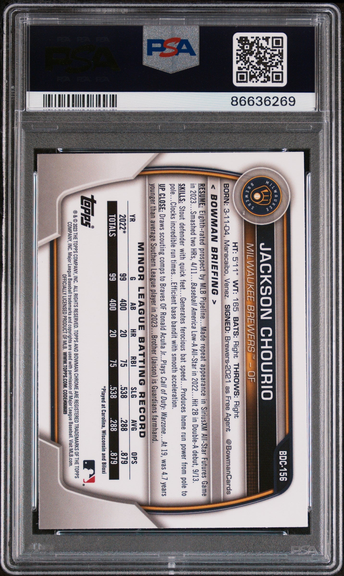 2023 BOWMAN DRAFT JACKSON CHOURIO CHROME #BDC156 - PSA 10