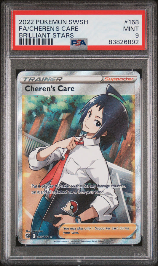 2022 POKEMON SWORD & SHIELD BRILLIANT STARS Full Art CHEREN'S CARE #168 PSA 9