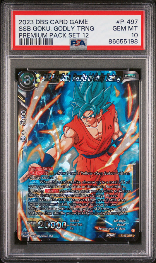 2023 DRAGON BALL SUPER 1 WILD RESURGENCE 12 SSB GOKU, GODLY TRNG #P-497 - PSA 10